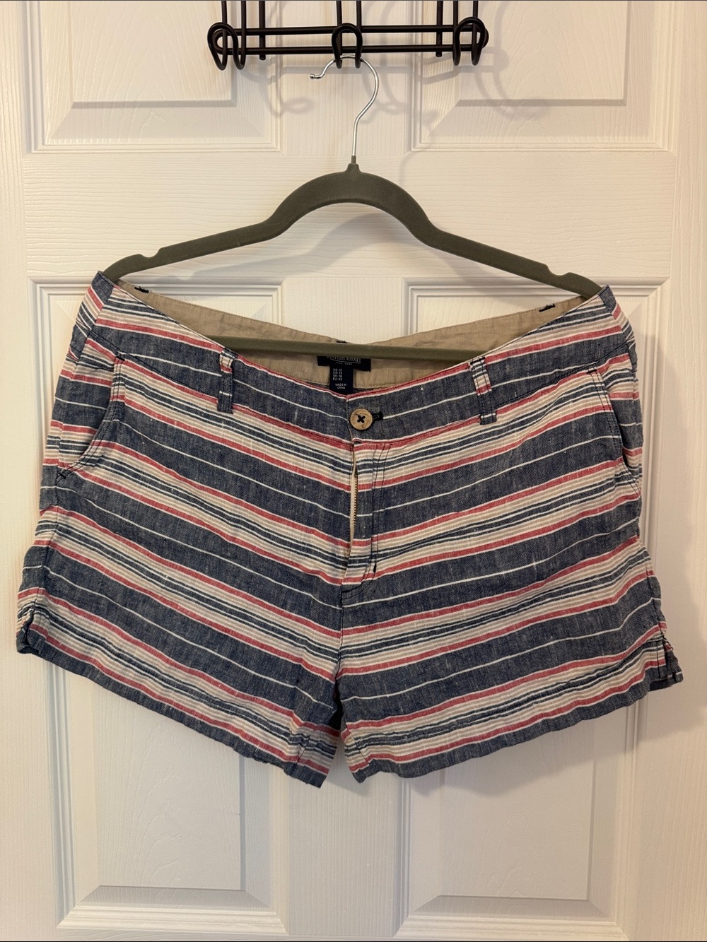 British Khaki Striped Cotton Shorts in Navy, Red & White